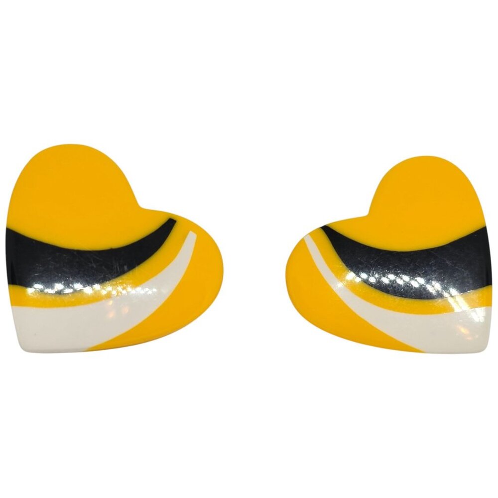 Vintage Style Heart Earrings Yellow Black White Acrylic Stud Statement Retro